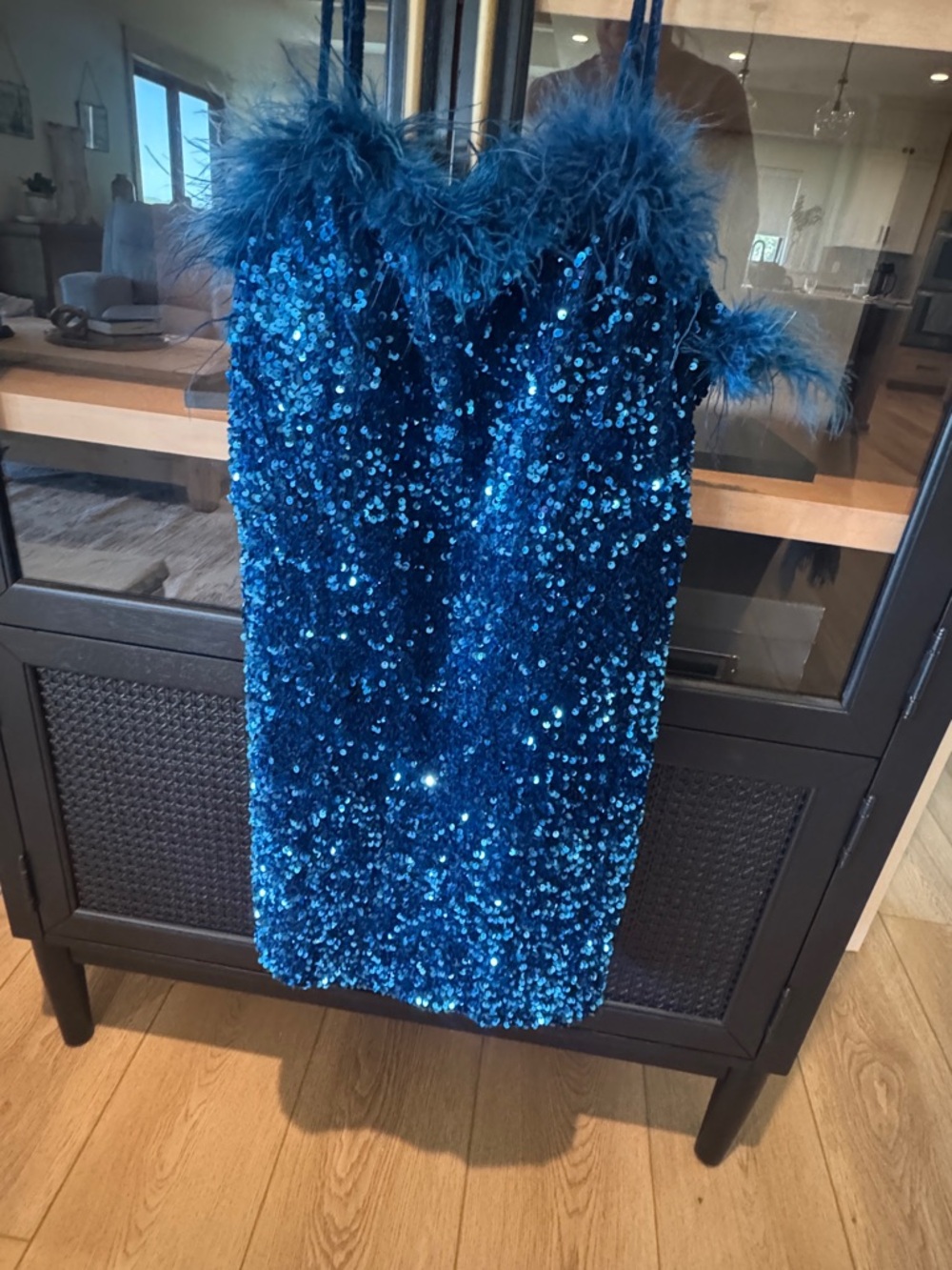 Blue Sequin Feather Trim Party Dress